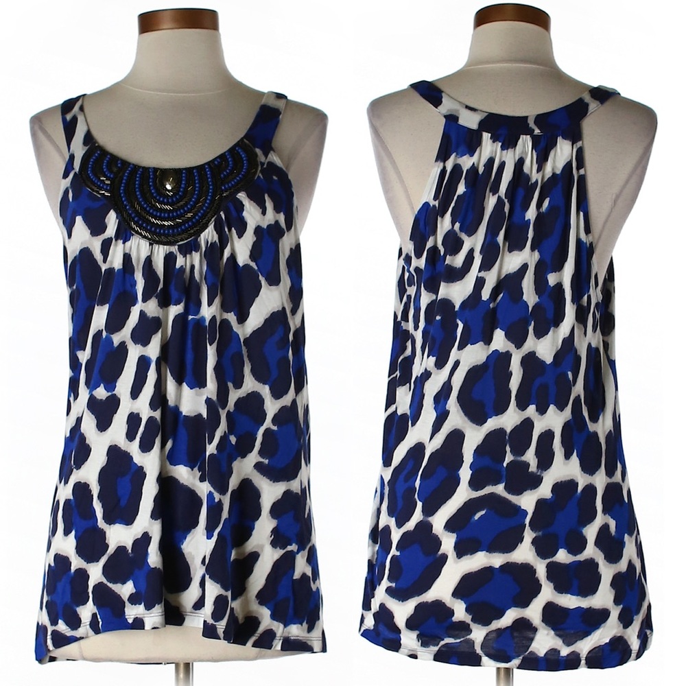 ❤️ Like New INC Blue Leopard Beaded Sleeveless Top